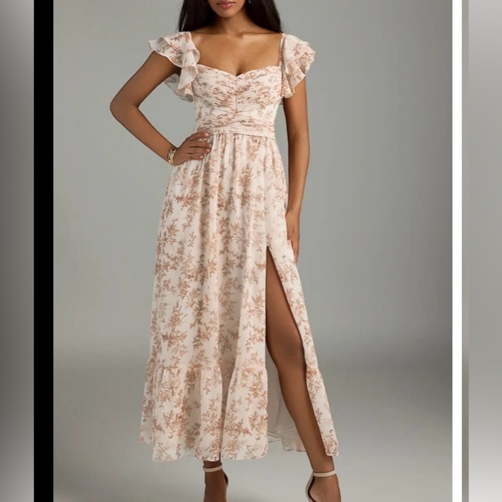 Azazie Floral Midi Dress in Cream and Brown